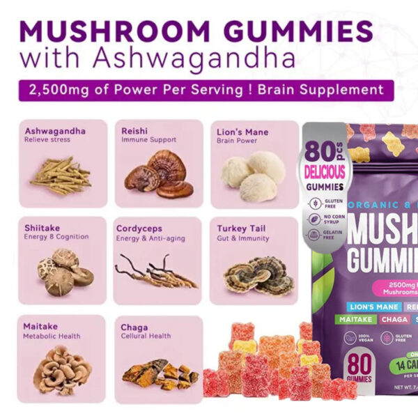 Nature Ashwagandha, Reishi, Lions Mane, Shiitake, Cordyceps, Turkey Tail, Maitake, Chaga Supplement Gummies - Mixed Fruits, 80 Gummies - Image 3